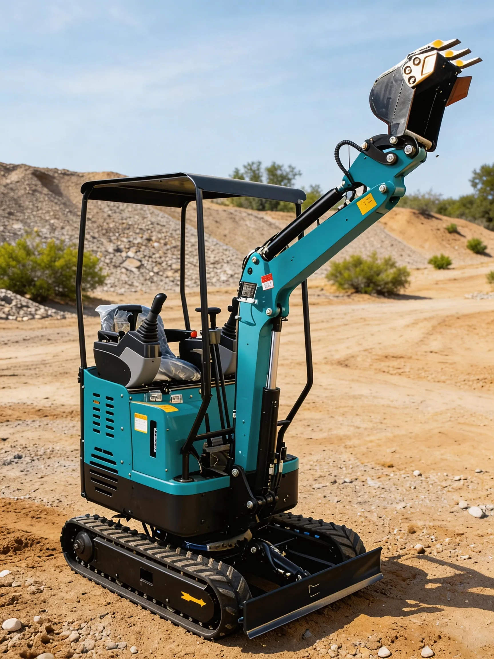 Blue mini excavator with hydraulic arm and bucket, operating on a gravel and dirt construction site, ideal for earthmoving, trenching, and landscaping tasks