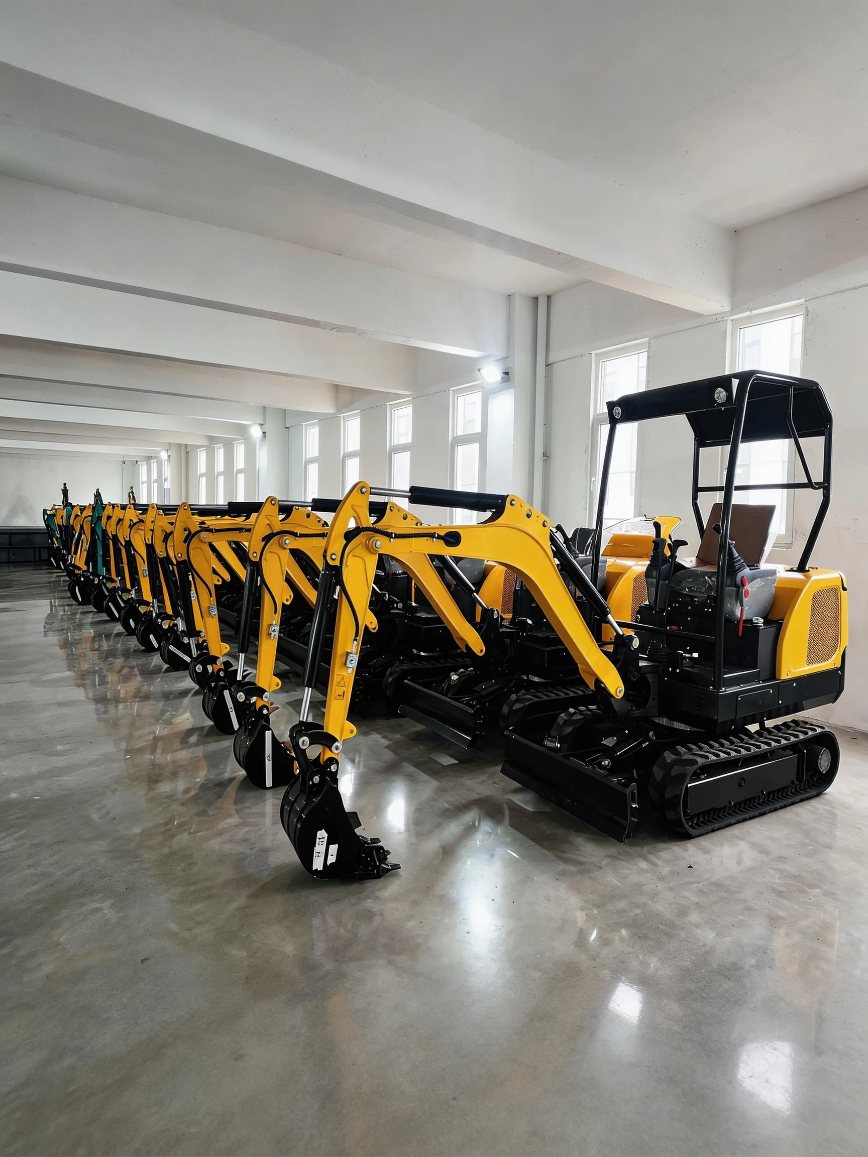 Rows of yellow and green mini excavators neatly arranged in a modern, bright factory warehouse, showcasing large-scale production capacity and ready-for-shipment construction equipment