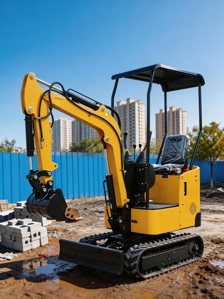 Yellow mini excavator working on a muddy urban construction site with concrete blocks and high-rise buildings in the background, suitable for small-scale residential and commercial development projects